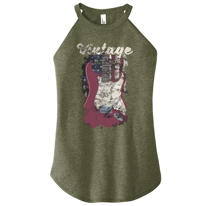 Vintage American Flag Guitar Player Guitarist Gift Women’s Perfect Tri Rocker Tank