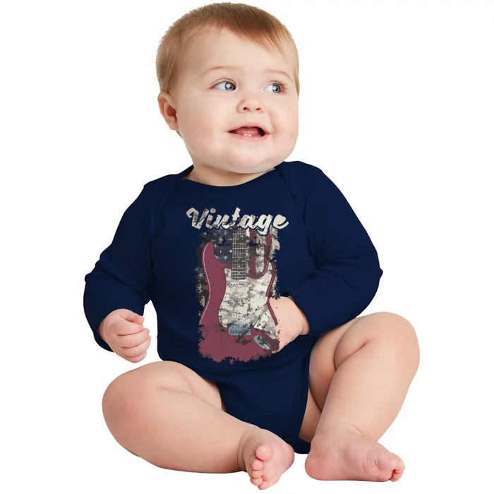 Vintage American Flag Guitar Player Guitarist Gift Baby Long Sleeve Bodysuit