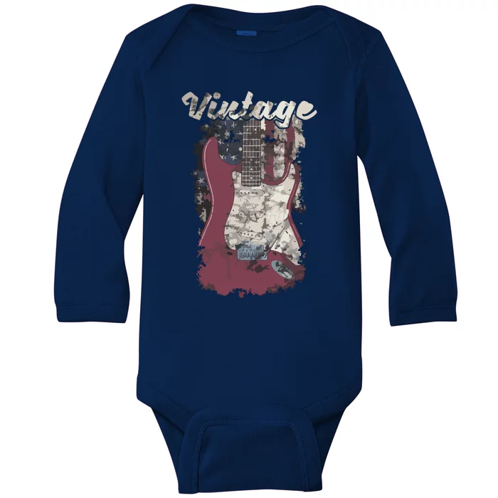 Vintage American Flag Guitar Player Guitarist Gift Baby Long Sleeve Bodysuit