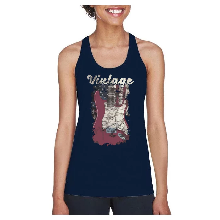 Vintage American Flag Guitar Player Guitarist Gift Women's Racerback Tank