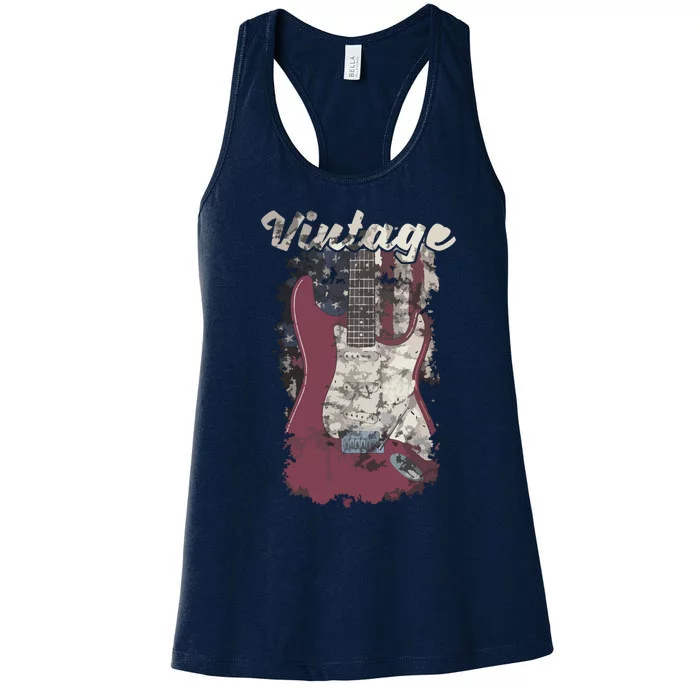 Vintage American Flag Guitar Player Guitarist Gift Women's Racerback Tank