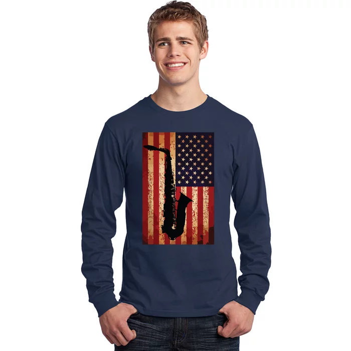 Vintage American Flag Saxophone Funny Sax Music Player Gifts Long Sleeve Shirt