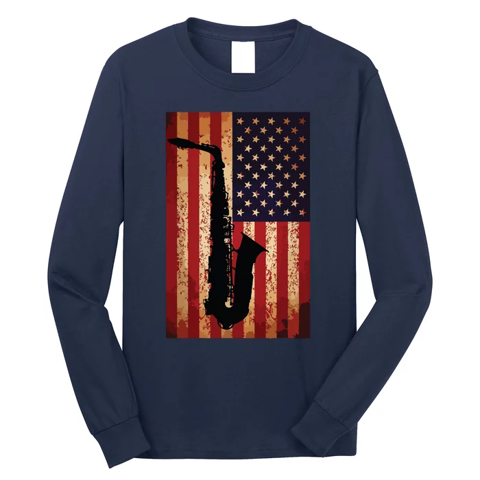 Vintage American Flag Saxophone Funny Sax Music Player Gifts Long Sleeve Shirt