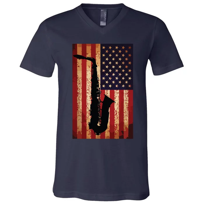 Vintage American Flag Saxophone Funny Sax Music Player Gifts V-Neck T-Shirt