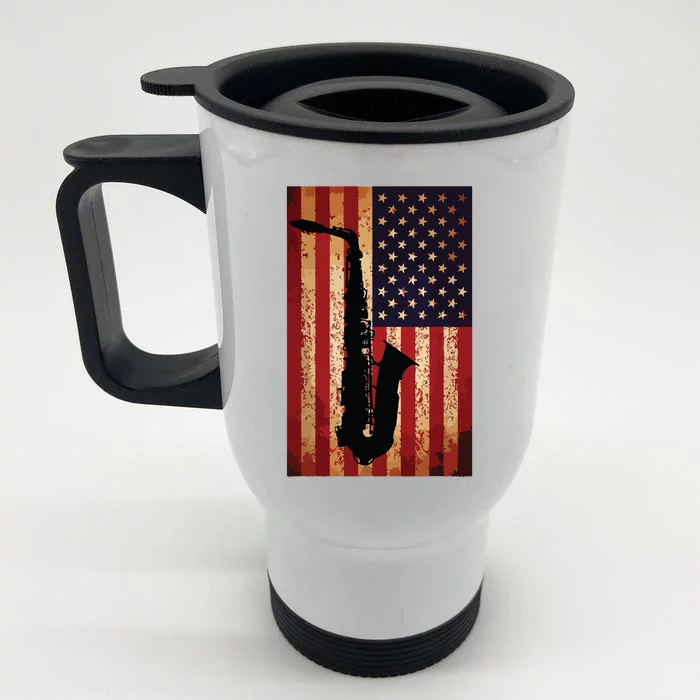 Vintage American Flag Saxophone Funny Sax Music Player Gifts Front & Back Stainless Steel Travel Mug