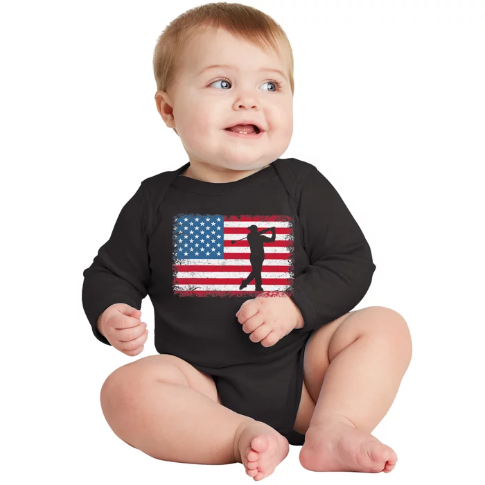 Vintage American Flag Golf Clothing Golfer Love Baby Long Sleeve Bodysuit