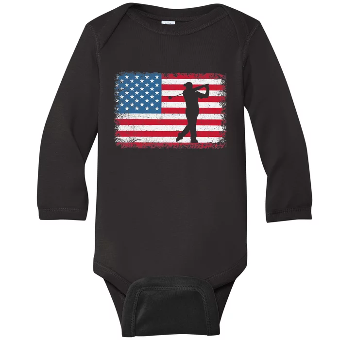 Vintage American Flag Golf Clothing Golfer Love Baby Long Sleeve Bodysuit