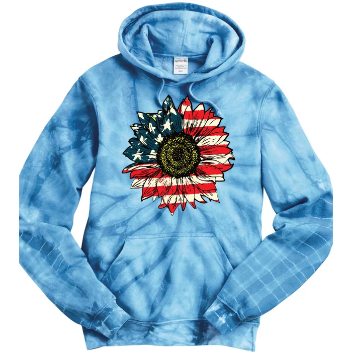 Vintage American Flag Sunflower 4th Of July Tie Dye Hoodie