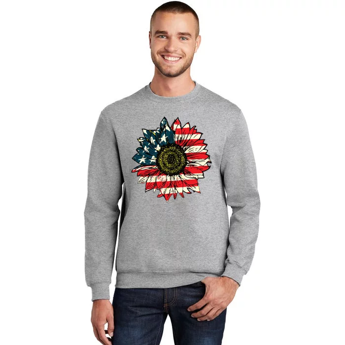 Vintage American Flag Sunflower 4th Of July Tall Sweatshirt