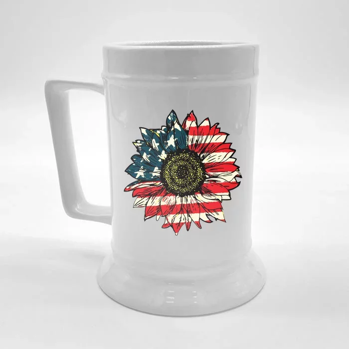 Vintage American Flag Sunflower 4th Of July Front & Back Beer Stein