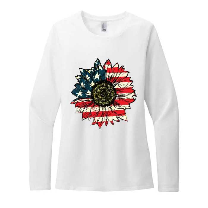 Vintage American Flag Sunflower 4th Of July Womens CVC Long Sleeve Shirt