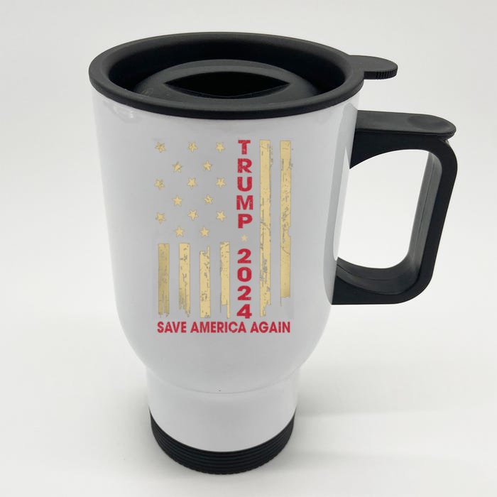 Vintage American Flag Donald Trump 2024 Save America Again Cool Gift Front & Back Stainless Steel Travel Mug