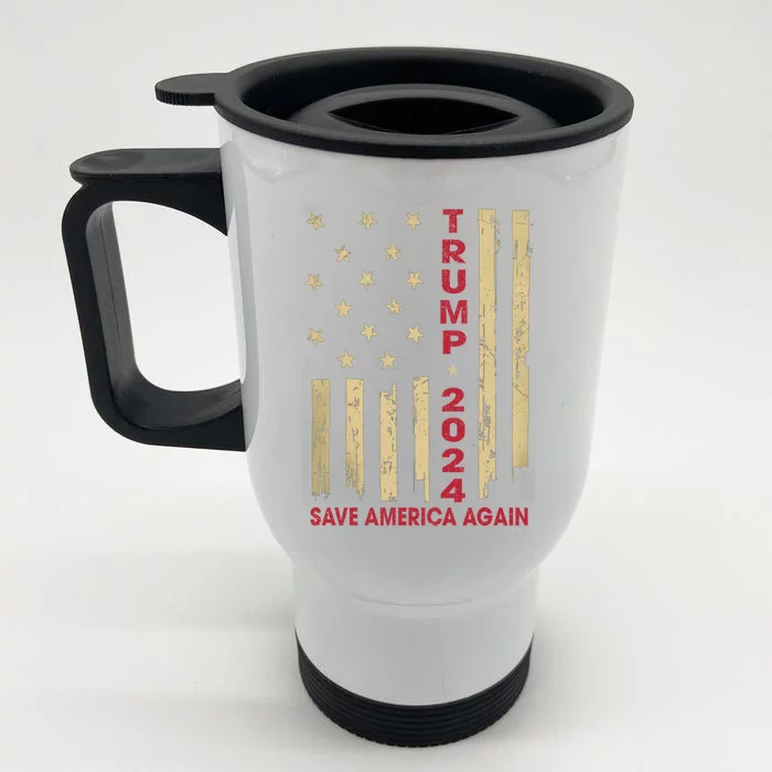 Vintage American Flag Donald Trump 2024 Save America Again Cool Gift Front & Back Stainless Steel Travel Mug