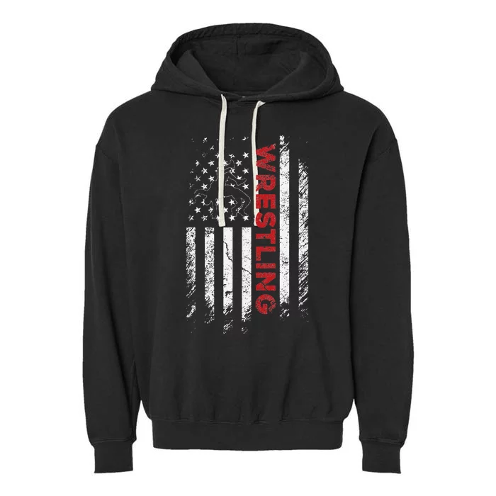 Vintage American Flag Wrestling Patriotic Wrestler Gift Garment-Dyed Fleece Hoodie