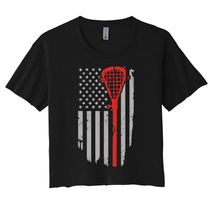 Vintage American Flag Lacrosse, Boy USA Women's Crop Top Tee