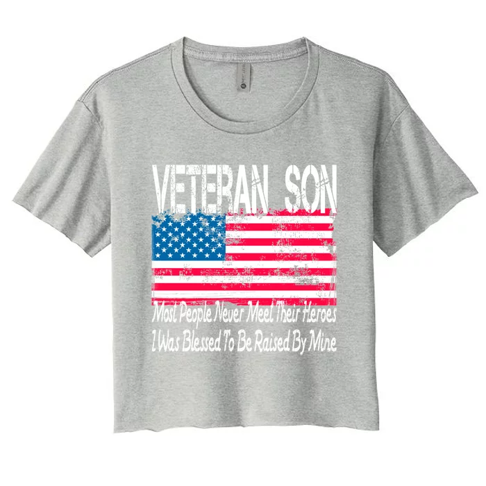 Vintage American Flag Us Military Family Veteran Son Cute Gift Women's Crop Top Tee