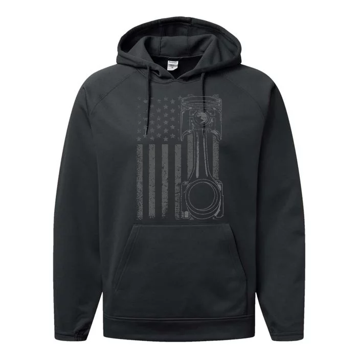 Vintage American Flag Piston Funny Muscle Car Mechanic Gift Performance Fleece Hoodie