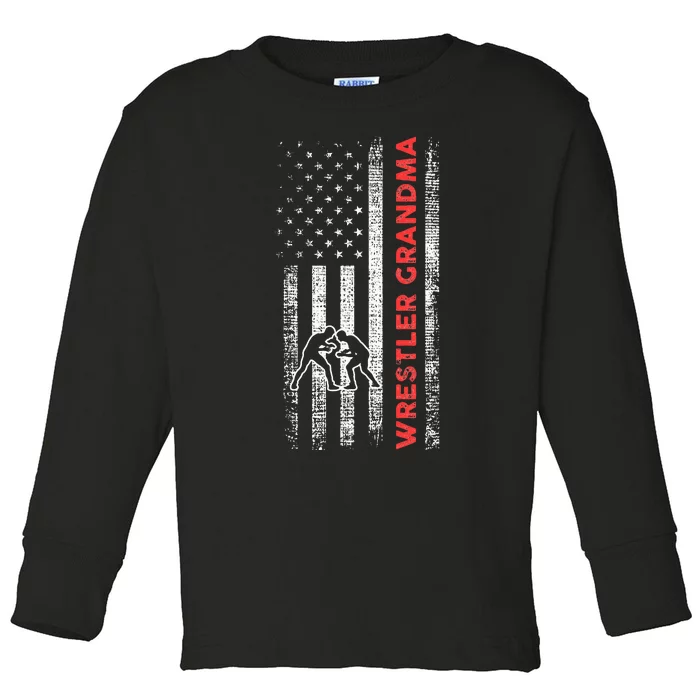 Vintage American Flag Wrestling Grandma Wrestler Toddler Long Sleeve Shirt