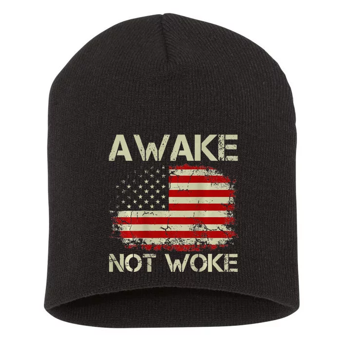 Vintage American Flag Awake Not Woke (on back) Short Acrylic Beanie