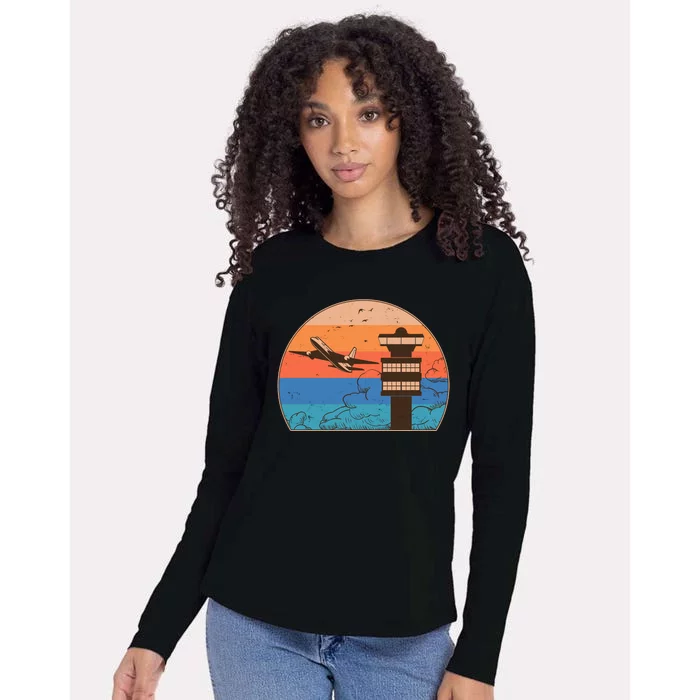 Vintage Airplane Flight Controller Tower Womens Cotton Relaxed Long Sleeve T-Shirt