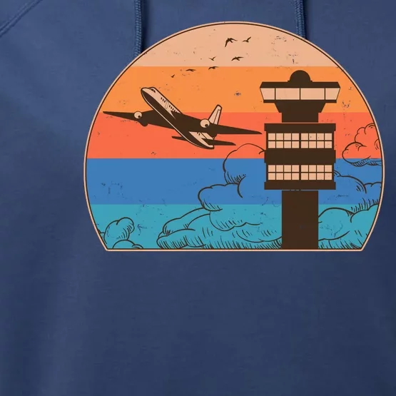 Vintage Airplane Flight Controller Tower Performance Fleece Hoodie