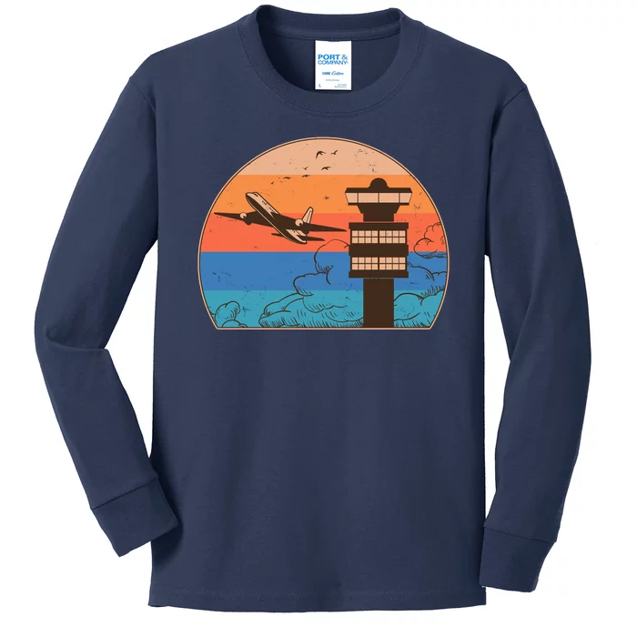 Vintage Airplane Flight Controller Tower Kids Long Sleeve Shirt