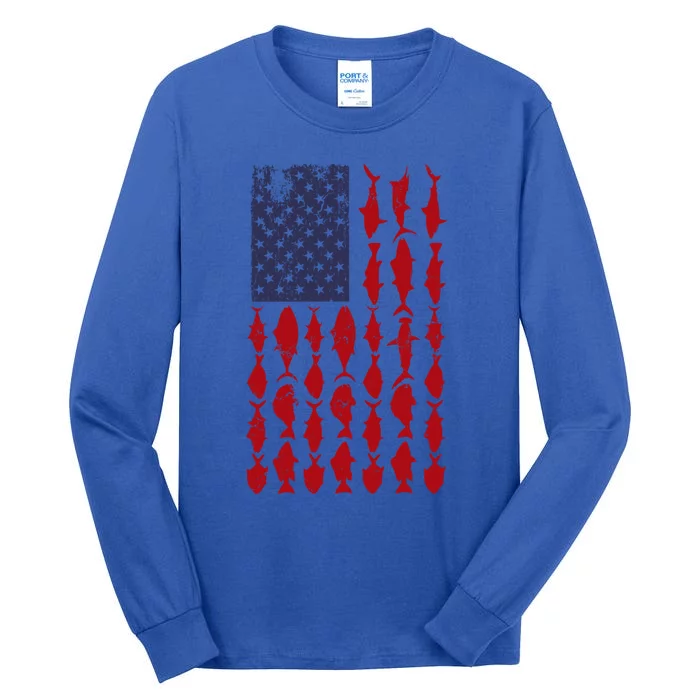 Vintage American Flag Bass Fishing Cool Fish 4th Of July Gift Tall Long Sleeve T-Shirt