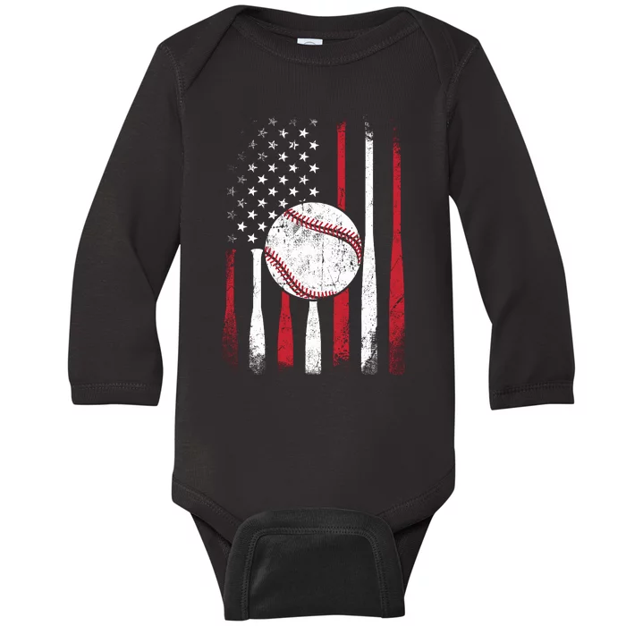 Vintage American Flag Baseball Team For Boy Girl Wo Baby Long Sleeve Bodysuit