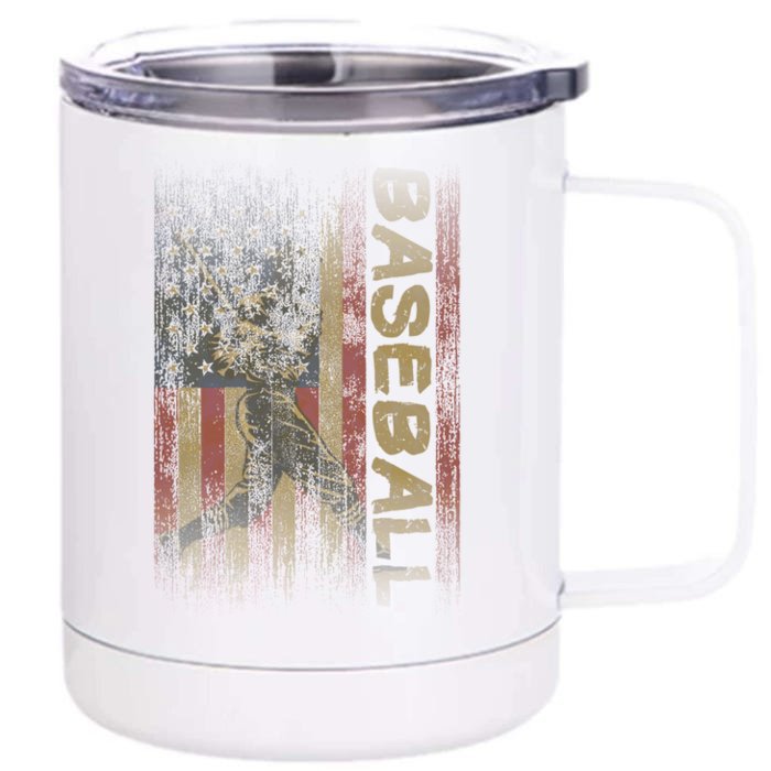 Vintage American Flag Baseball Gift Patriotic Baseball Lovers Gift Front & Back 12oz Stainless Steel Tumbler Cup