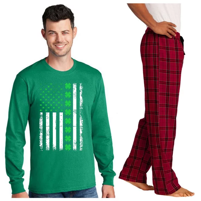 Vintage American Flag St Patricks Day Irish Lucky Shamrock St. Patrick's Day Long Sleeve Pajama Set