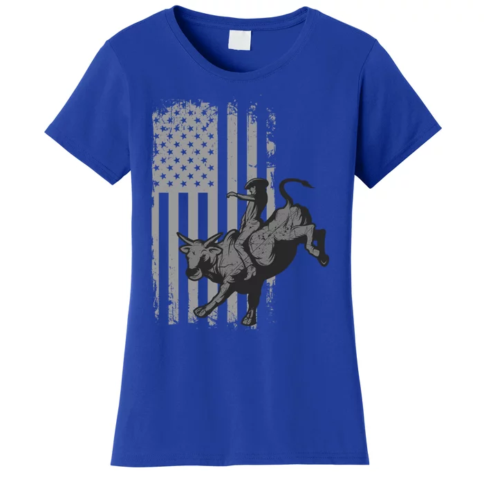 Vintage American Flag Bucking Bull Riding Patriotism Rodeo Gift Women's T-Shirt