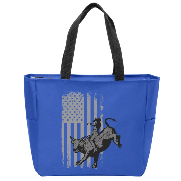 Vintage American Flag Bucking Bull Riding Patriotism Rodeo Gift Zip Tote Bag