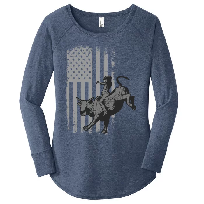 Vintage American Flag Bucking Bull Riding Patriotism Rodeo Gift Women's Perfect Tri Tunic Long Sleeve Shirt