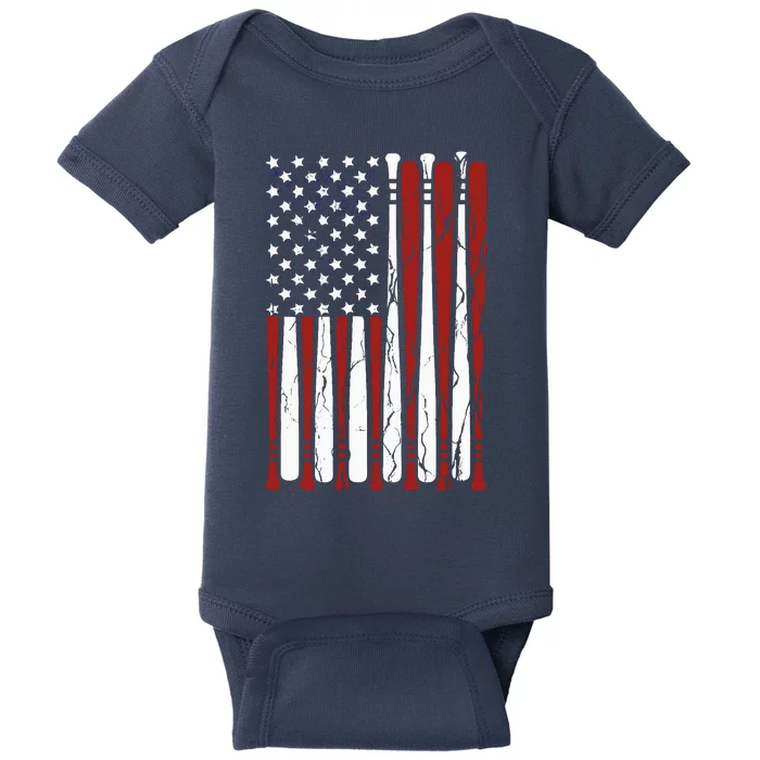 Vintage American Flag Baseball Boy Dad 4th July Baby Bodysuit