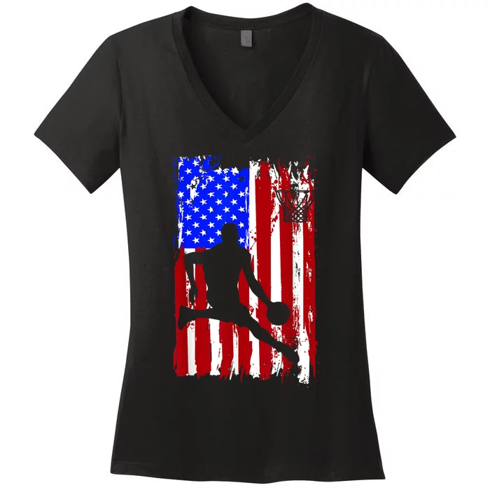 Vintage American Flag Basketball Women's V-Neck T-Shirt