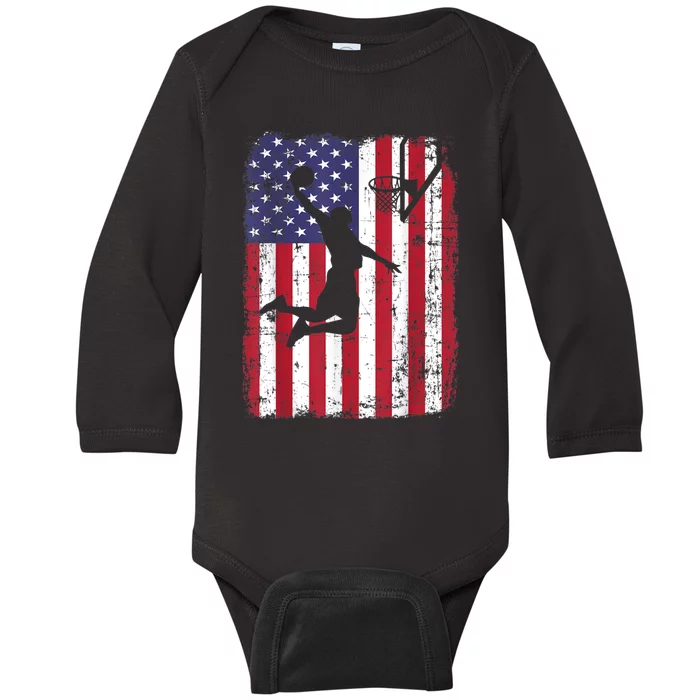 Vintage American Flag Basketball Baby Long Sleeve Bodysuit