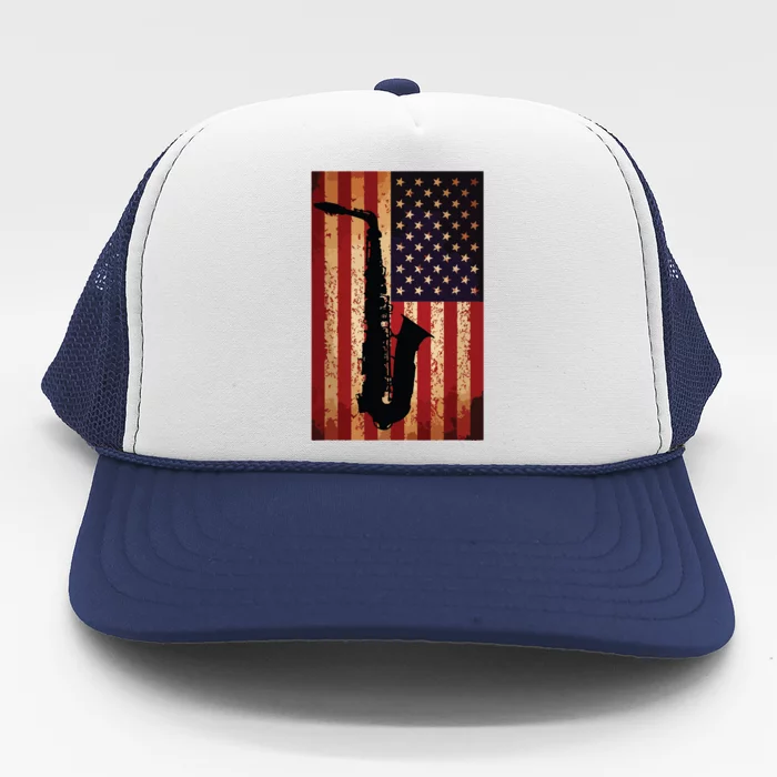 Vintage American Flag Saxophone Funny Sax Music Player Gifts Trucker Hat