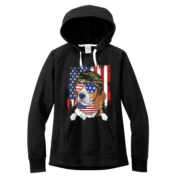 Vintage American Flag 4th Of July Beagle Veteran Dog Lover Women's Fleece Hoodie