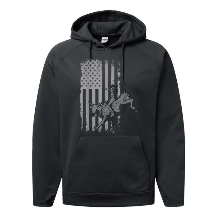 Vintage American Flag Bucking Bull Riding Patriotism Rodeo Performance Fleece Hoodie