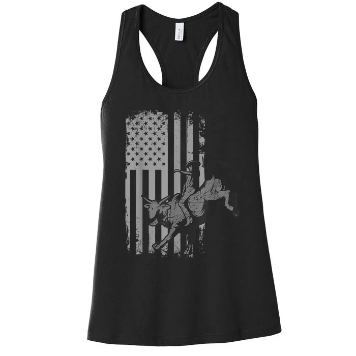 Vintage American Flag Bucking Bull Riding Patriotism Rodeo Women's Racerback Tank