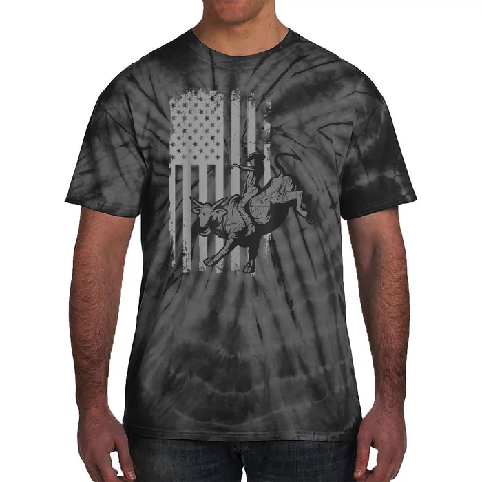 Vintage American Flag Bucking Bull Riding Patriotism Rodeo Tie-Dye T-Shirt