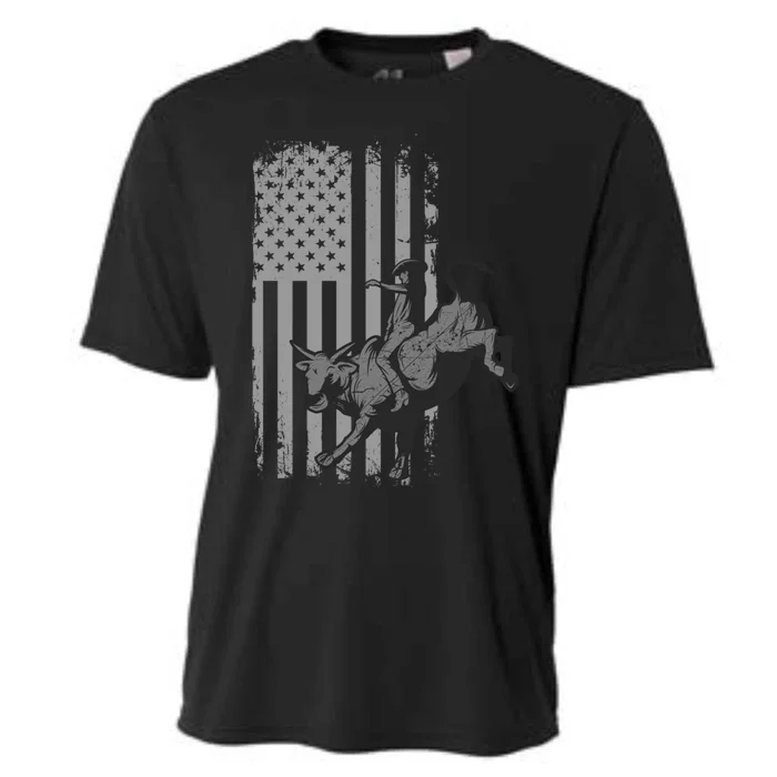 Vintage American Flag Bucking Bull Riding Patriotism Rodeo Gift Cooling Performance Crew T-Shirt