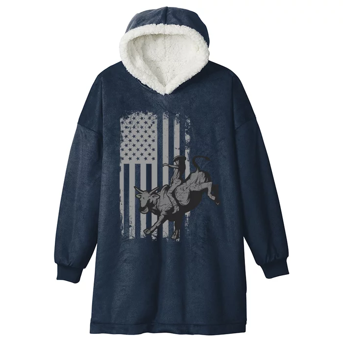 Vintage American Flag Bucking Bull Riding Patriotism Rodeo Gift Hooded Wearable Blanket