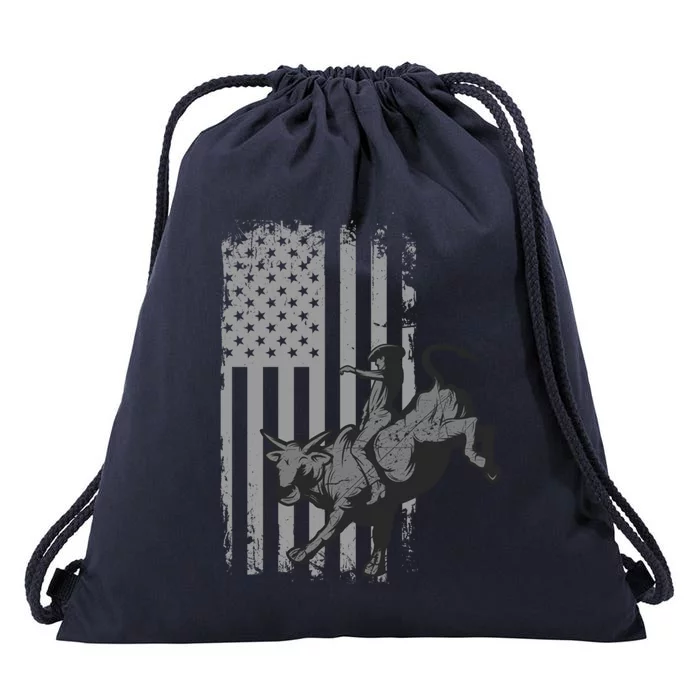 Vintage American Flag Bucking Bull Riding Patriotism Rodeo Gift Drawstring Bag