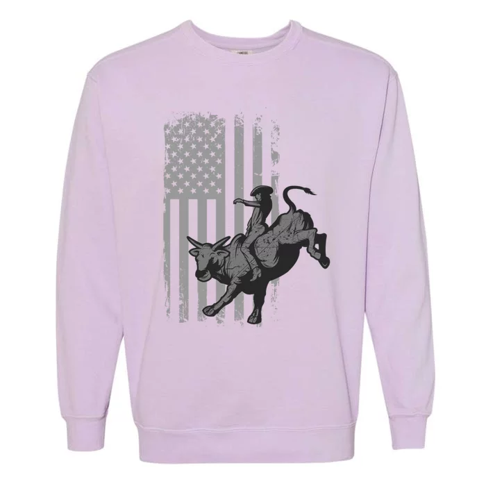 Vintage American Flag Bucking Bull Riding Patriotism Rodeo Gift Garment-Dyed Sweatshirt