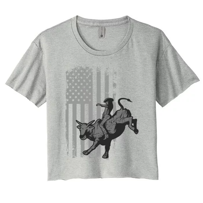 Vintage American Flag Bucking Bull Riding Patriotism Rodeo Gift Women's Crop Top Tee