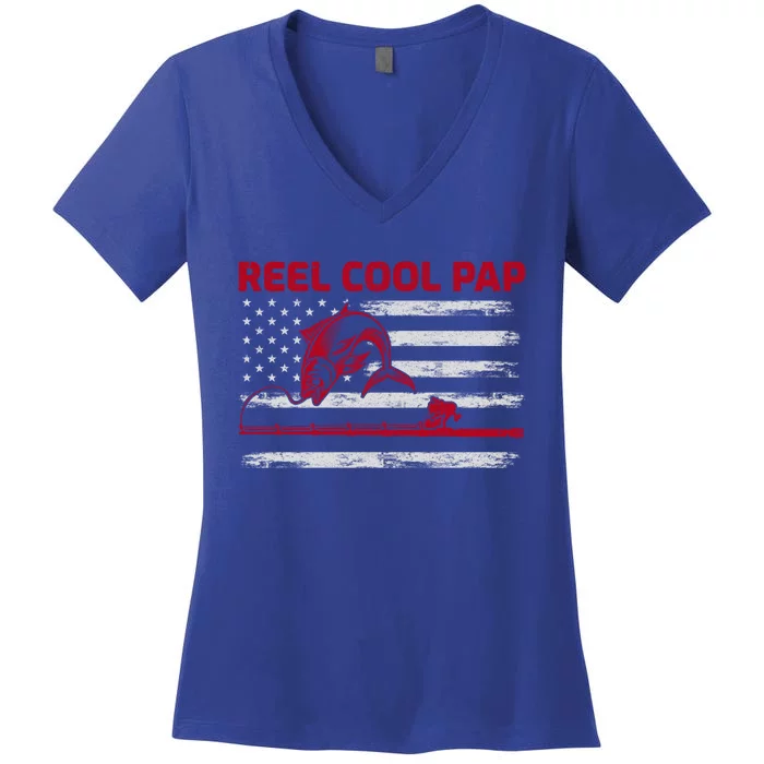 Vintage American Flag Retro Reel Cool Pap Fishing Gift Women's V-Neck T-Shirt