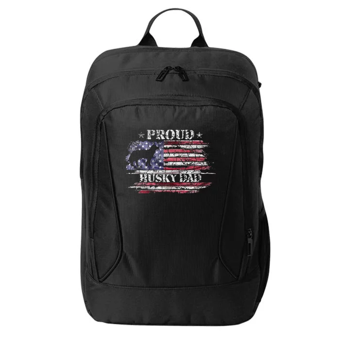 Vintage American Flag Proud Siberian Husky Dad Silhouette City Backpack