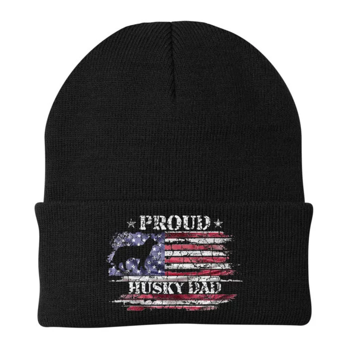 Vintage American Flag Proud Siberian Husky Dad Silhouette Knit Cap Winter Beanie