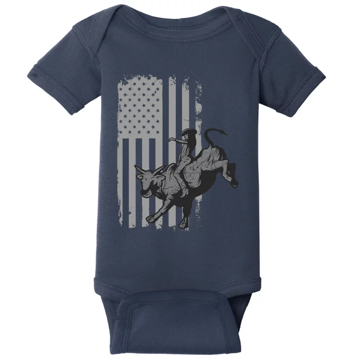 Vintage American Flag Bucking Bull Riding Patriotism Rodeo Baby Bodysuit